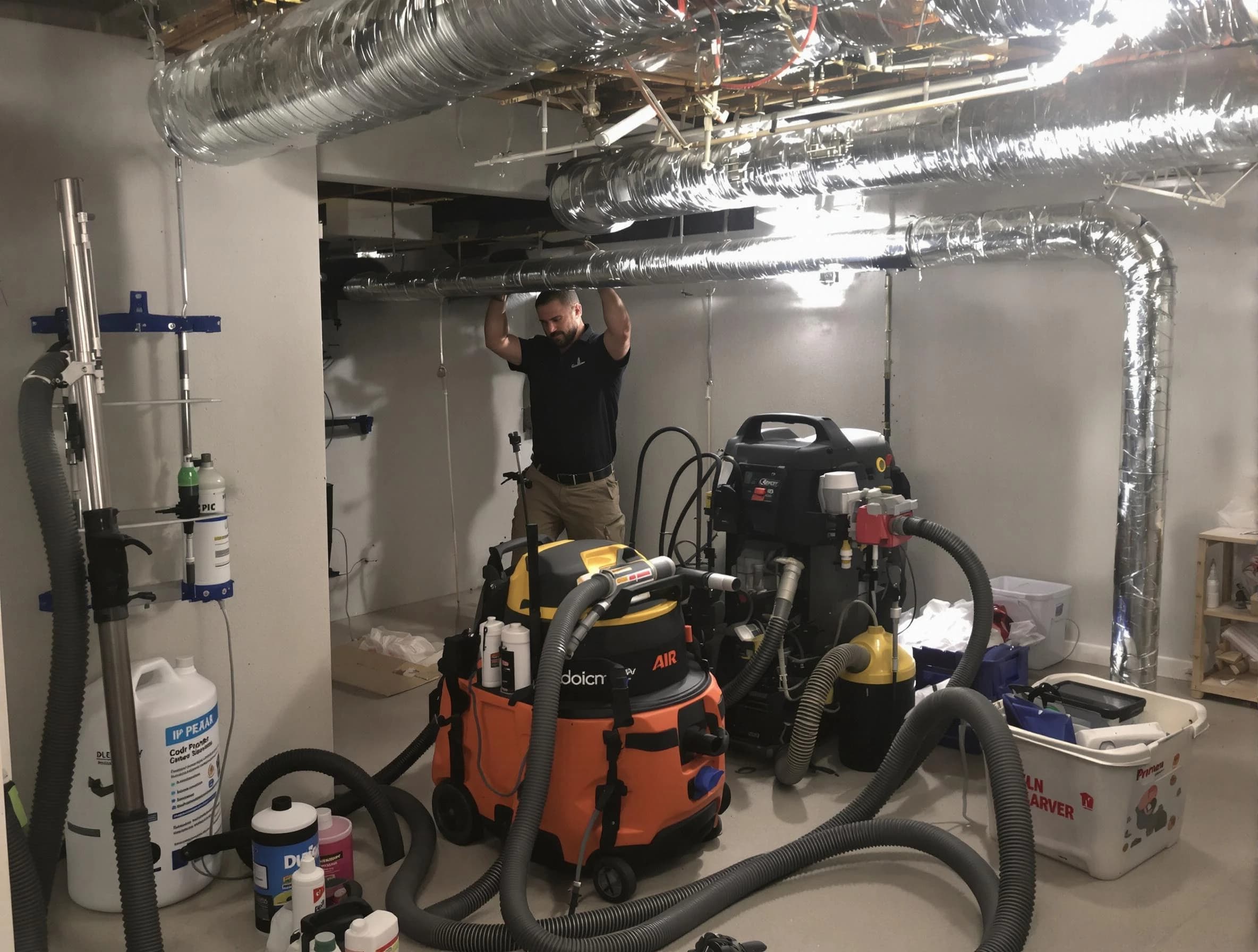Lone Tree Air Duct Cleaning specialist performing professional mold removal from air ducts using safety equipment in Lone Tree